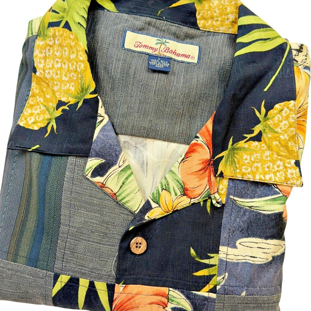 Tommy Bahama Hawaiian Silk Shirt Patchwork LRG Black Yellow Orange Tropical